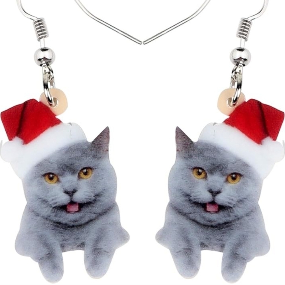 Women's jewelry festive holiday gray cat smiling in Santa hat dangle earrings